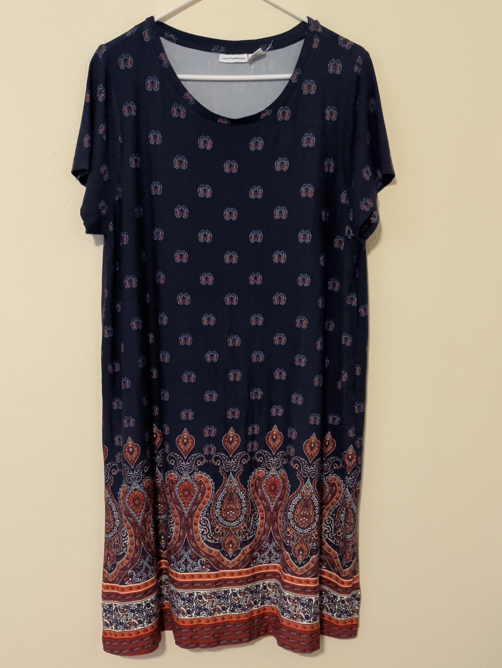 Lucky Brand Navy Short Sleeve T-shirt Dress with Rust Paisley Border